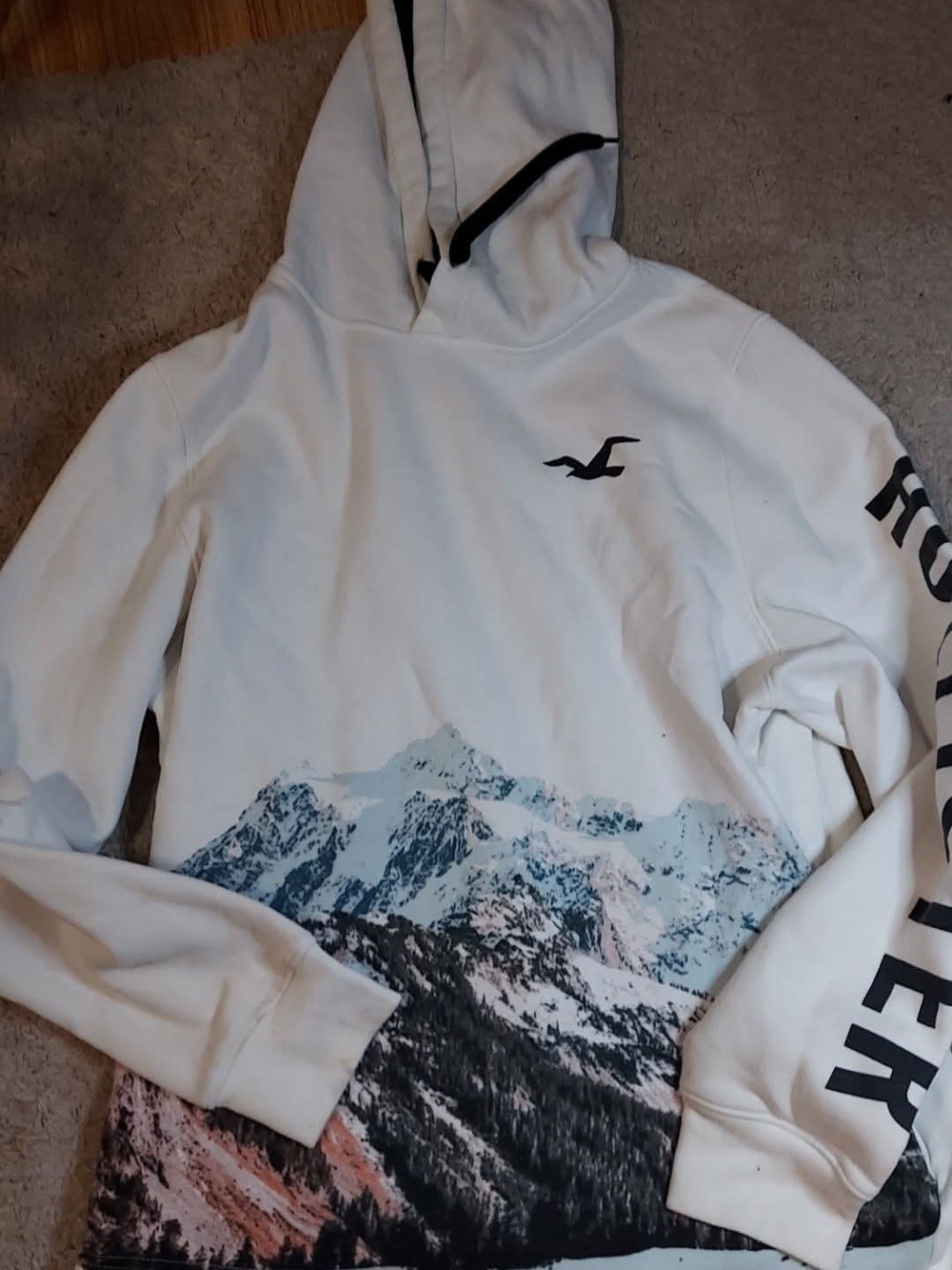 Hollister White Hoodie with Blue and Black Mountain Graphic